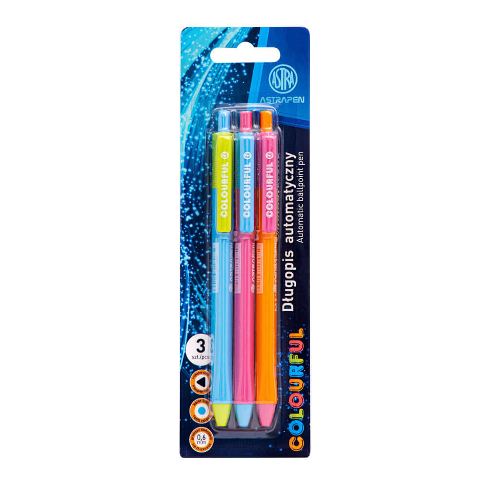 Pix cu mecanism Colorful, varf 0.6, scriere albastra, 3 bucati/blist Pix cu mecanism Colorful, varf 0.6, scriere albastra, 3 bucati/blist